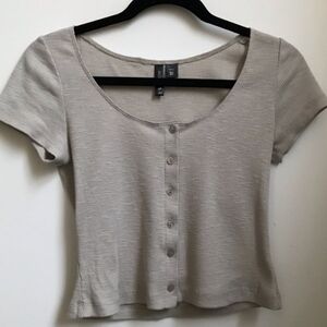 Beige Button-Up Fitted Crop Top